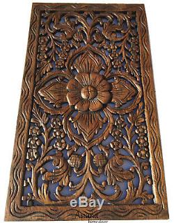 Tropical Wood Carved Wall Decor Panel. Floral Wood Wall Art. 24x13.5