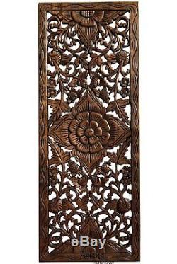 Tropical Wood Carved Wall Decor Panel. Floral Wood Wall Art. 35.5x13.5