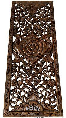 Tropical Wood Carved Wall Decor Panel. Floral Wood Wall Art. 35.5x13.5