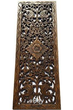 Tropical Wood Carved Wall Decor Panel. Floral Wood Wall Art. Brown 35.5x13.5