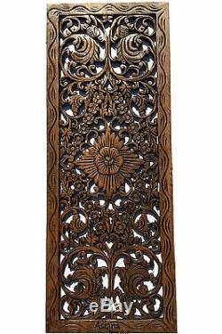 Tropical Wood Carved Wall Decor Panel. Floral Wood Wall Art. Brown 35.5x13.5