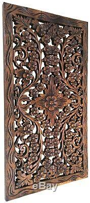 Tropical Wood Carved Wall Decor Panel. Floral Wood Wall Art. Dark Brown 24x13.5