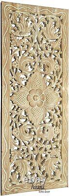 Tropical Wood Carved Wall Decor Panel. Floral Wood Wall Art. White Wash 35.5x13.5