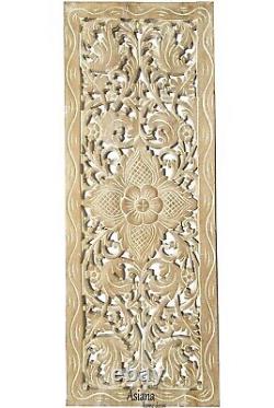 Tropical Wood Carved Wall Decor Panel. Floral Wood Wall Art. White Wash 35.5x13.5