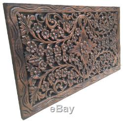 Tropical Wood Carved Wall Decor Panel. Floral wood wall Art. Dark Brown 24x13.5