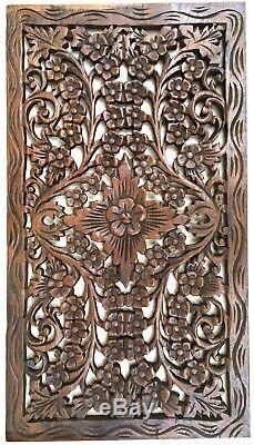Tropical Wood Carved Wall Decor Panel. Floral wood wall Art. Dark Brown 24x13.5