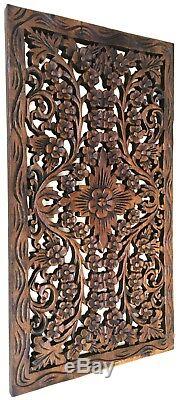 Tropical Wood Carved Wall Decor Panel. Floral wood wall Art. Dark Brown 24x13.5