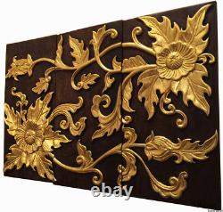 Tropical Wood Carved Wall Panels. Asian Flower Relief Wood Wall Decor. 24x36