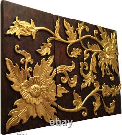 Tropical Wood Carved Wall Panels. Asian Flower Relief Wood Wall Decor. 24x36
