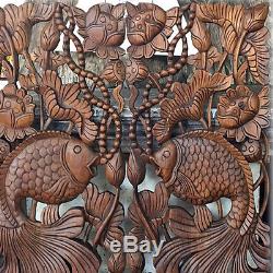 Twin Fish in Lotus New Wood Carving Home Wall Panel Mural Decor Art Statue gtahy