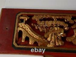 Two Antique Chinese Carved Wood Panel With Figures Pagoda Landscape