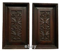 Two Antique Hand Carved Wood Panels Architectural Salvage Flowers Leaves 14.5