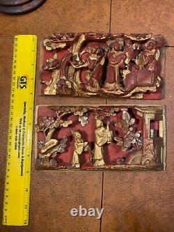 Two Antique/Vintage Chinese 3D Gold Gilt Wood Carving Panels