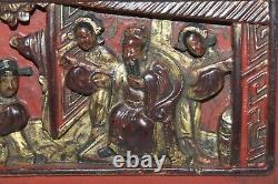Two Chinese Carved Gold Gilt Red Wood Wall Panel Temple Figures