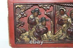 Two Chinese Carved Gold Gilt Red Wood Wall Panel Temple Figures