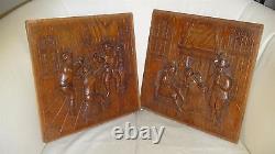 Two Old Dutch Antique High Relief Carved Oak Wood Furniture Panel Tavern Scene