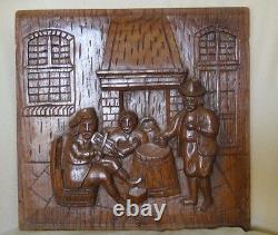 Two Old Dutch Antique High Relief Carved Oak Wood Furniture Panel Tavern Scene