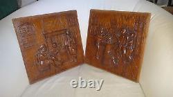 Two Old Dutch Antique High Relief Carved Oak Wood Furniture Panel Tavern Scene