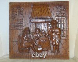 Two Old Dutch Antique High Relief Carved Oak Wood Furniture Panel Tavern Scene