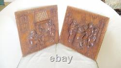 Two Old Dutch Antique High Relief Carved Oak Wood Furniture Panel Tavern Scene