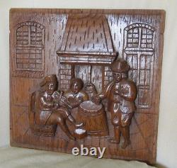 Two Old Dutch Antique High Relief Carved Oak Wood Furniture Panel Tavern Scene