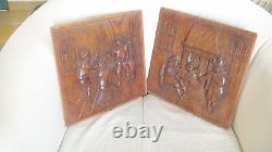 Two Old Dutch Antique High Relief Carved Oak Wood Furniture Panel Tavern Scene