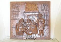 Two Old Dutch Antique High Relief Carved Oak Wood Furniture Panel Tavern Scene