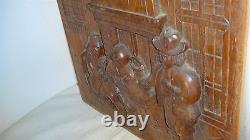 Two Old Dutch Antique High Relief Carved Oak Wood Furniture Panel Tavern Scene