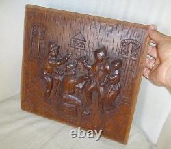 Two Old Dutch Antique High Relief Carved Oak Wood Furniture Panel Tavern Scene