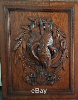 Two antique pair wooden oak panel carved from France Fish and Bird