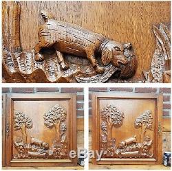 Two antique wood oak door panels hand carved France hunting scene dog bird