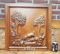 Two antique wood oak door panels hand carved France hunting scene dog bird