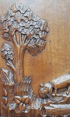 Two antique wood oak door panels hand carved France hunting scene dog bird