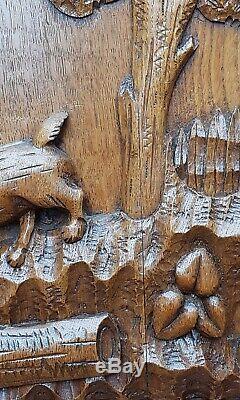 Two antique wood oak door panels hand carved France hunting scene dog bird