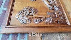 Two antique wood oak door panels hand carved France hunting scene dog bird