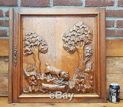 Two antique wood oak door panels hand carved France hunting scene dog bird