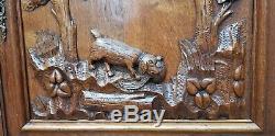 Two antique wood oak door panels hand carved France hunting scene dog bird