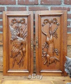 Two antique wooden oak panel door carved France hunting scene rabbit bird