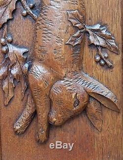 Two antique wooden oak panel door carved France hunting scene rabbit bird
