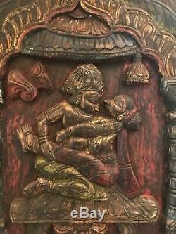 Unique Softly Colored Kama Sutra Indian deeply carved wooden wall panel