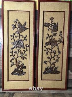 VGT Asian Chinese Carved Relief Wood Panel Birds of Paradise Flowers 35.5x12 In