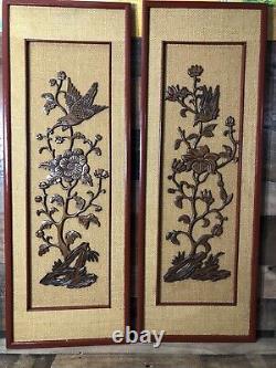 VGT Asian Chinese Carved Relief Wood Panel Birds of Paradise Flowers 35.5x12 In