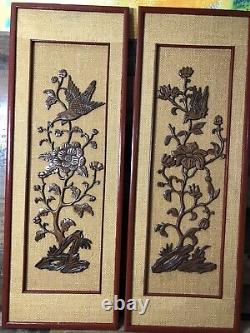 VGT Asian Chinese Carved Relief Wood Panel Birds of Paradise Flowers 35.5x12 In