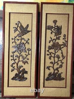 VGT Asian Chinese Carved Relief Wood Panel Birds of Paradise Flowers 35.5x12 In