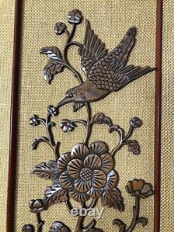 VGT Asian Chinese Carved Relief Wood Panel Birds of Paradise Flowers 35.5x12 In