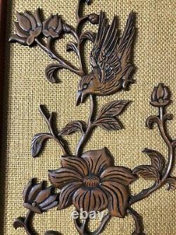 VGT Asian Chinese Carved Relief Wood Panel Birds of Paradise Flowers 35.5x12 In