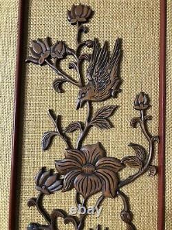 VGT Asian Chinese Carved Relief Wood Panel Birds of Paradise Flowers 35.5x12 In