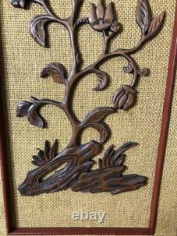 VGT Asian Chinese Carved Relief Wood Panel Birds of Paradise Flowers 35.5x12 In