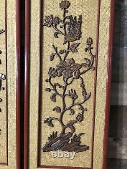 VGT Asian Chinese Carved Relief Wood Panel Birds of Paradise Flowers 35.5x12 In