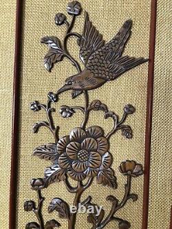 VGT Asian Chinese Carved Relief Wood Panel Birds of Paradise Flowers 35.5x12 In